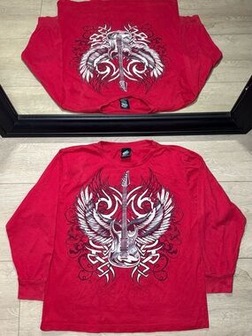 Y2K 2000s Top Heavy Winged Skull Guitar Long Sleeve Shirt